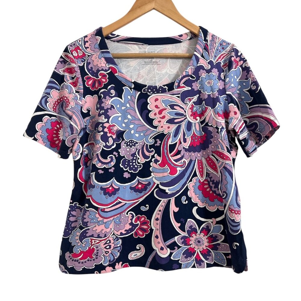Talbots Tee Size LP Large PETITE Scoop Neck Short Sleeve T-Shirt Swirl Floral